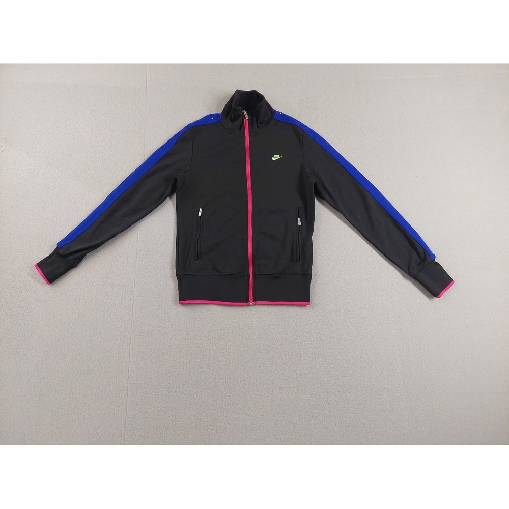 Nike Women Track Jacket M Black Pink Swoosh Logo Full Zip Mock Neck Retro Y2K - Picture 1 of 16